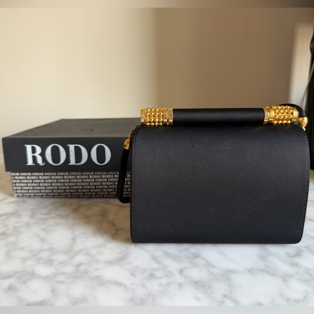 Rodo Black Satin Top-Handle Evening Bag with Black Strap and Gold Hardware